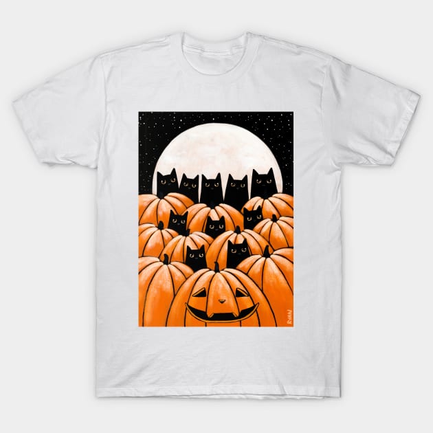 Black Cats in the Pumpkin Patch T-Shirt by KilkennyCat Art